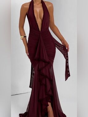 BABYBOO Plunge Ruffle Ruched Evening Gown in Burgundy